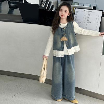 Модный джинсовый жилет и брюки широкого кроя из трех предметов для девочек, весна/осень 2025