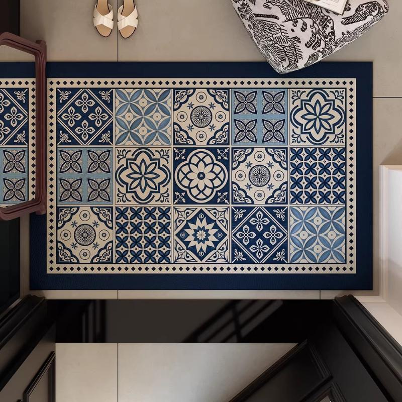 Doormat Leather Non-slip Floor Mat Waterproof Carpet French Retro Plaid Print Carpets Doormat Home Decor Rug