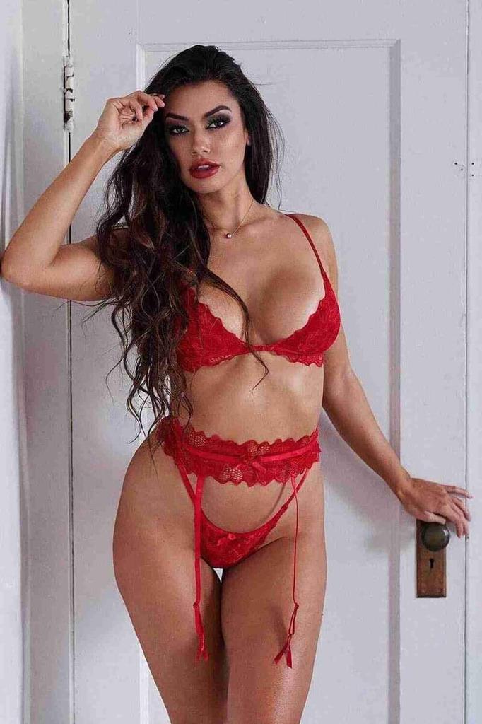 Merry See Bra Pantyhose Garter Set Red