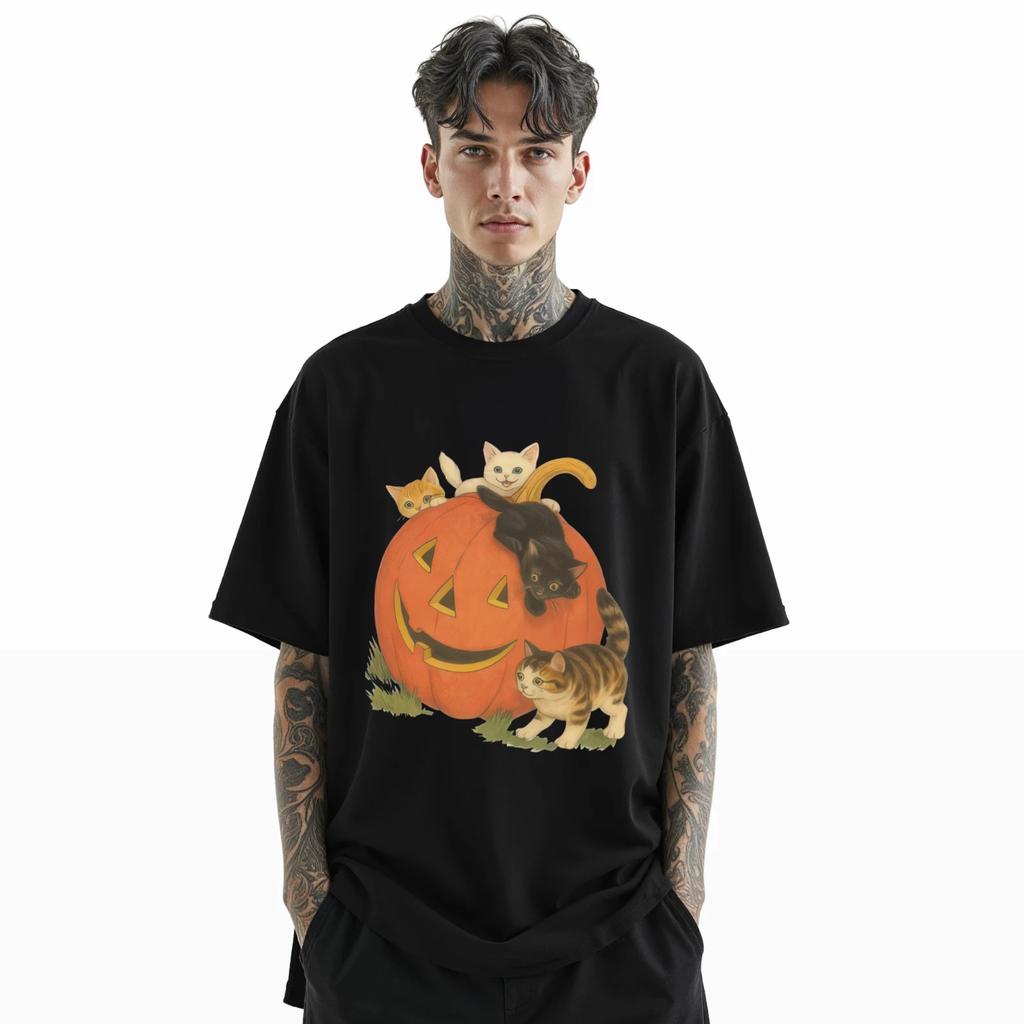 Halloween Pumpkin Cats T-Shirt Cute Kittens with Jack O’Lantern Graphic Tee A231