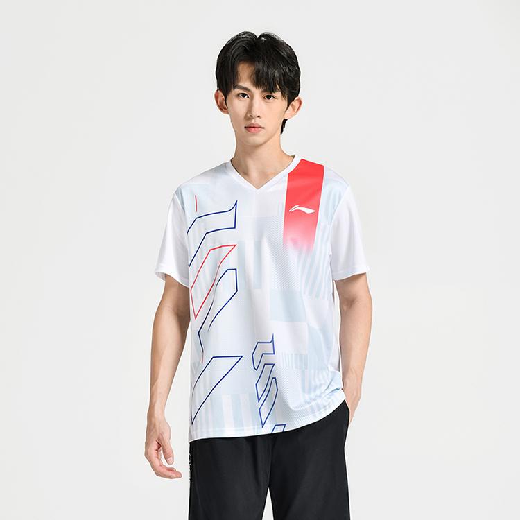 Li-Ning Геометрический полосатый колор-блок V-образный вырез короткий рукав однотонные универсальные шорты повседневный спортивный комплект унисекс комплекты AAYU269-2+AKSU789-3