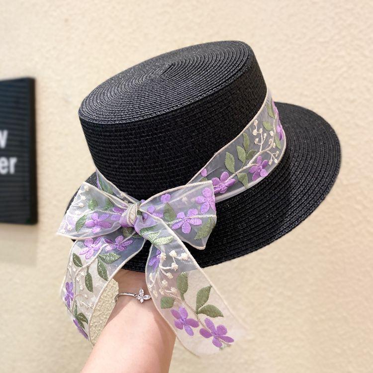 Женская соломенная плетеная шляпа-цилиндр с короткими полями, летняя, кружевная, вышитая, фиолетовая, с плоским верхом, солнцезащитная и защищающая от солнца, соломенная шляпа
