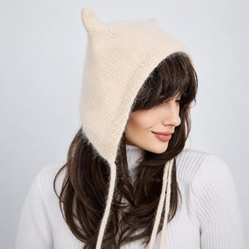 Soft Knit Winter Hat Laced Up Plush Fluffy Hat Cozy Cat Ear Beanie  For Women