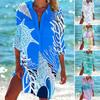 Women Beach Shirt Lapel Long Sleeve Single Breasted Shirt Tops with Patch Pockets Starfish Print Mid-length Beach Vacation Shirt
