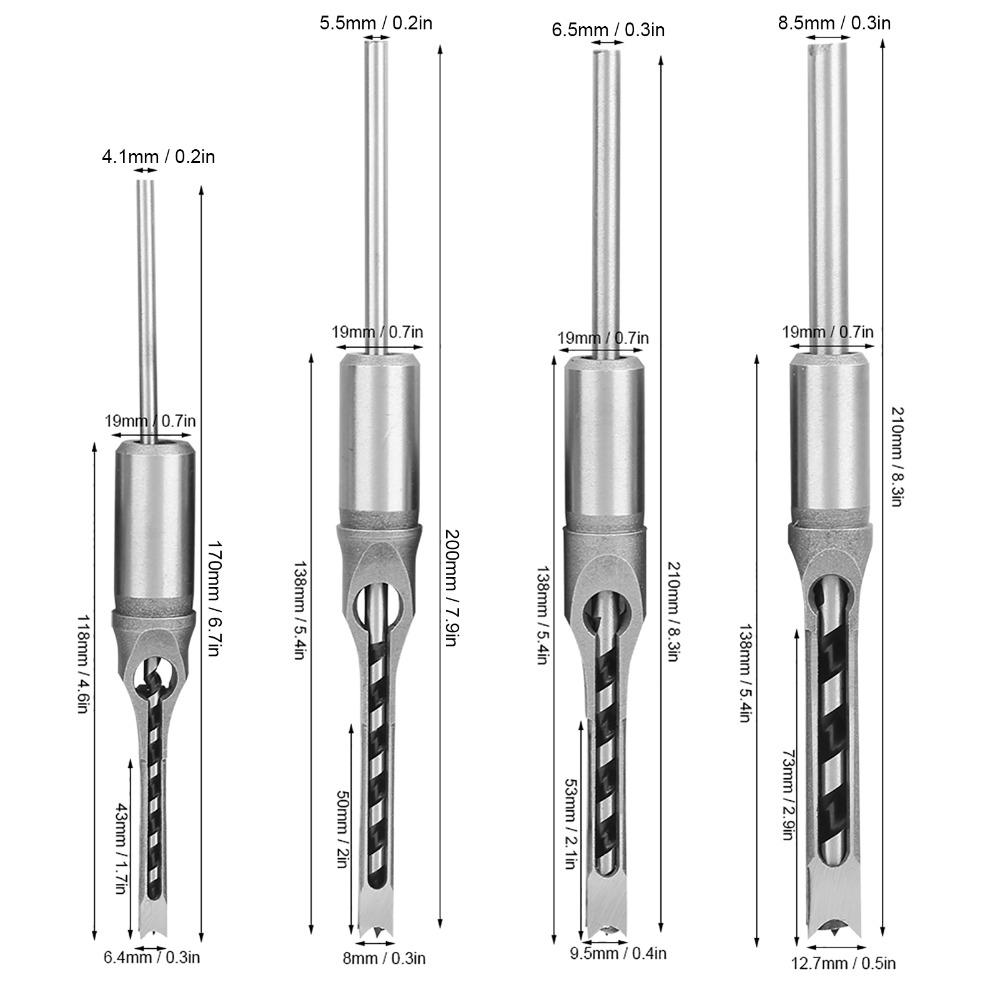 4pcs Square Hole Design Mortising Chisel Set 6.4/8/9.5/12.7mm Wood Drilling Hand Tools For Wood