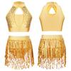 Kids Girls Sparkly 2-Piece Dance Set Sequin Hollow Halter Top and Fringe Shorts Latin Party Costume