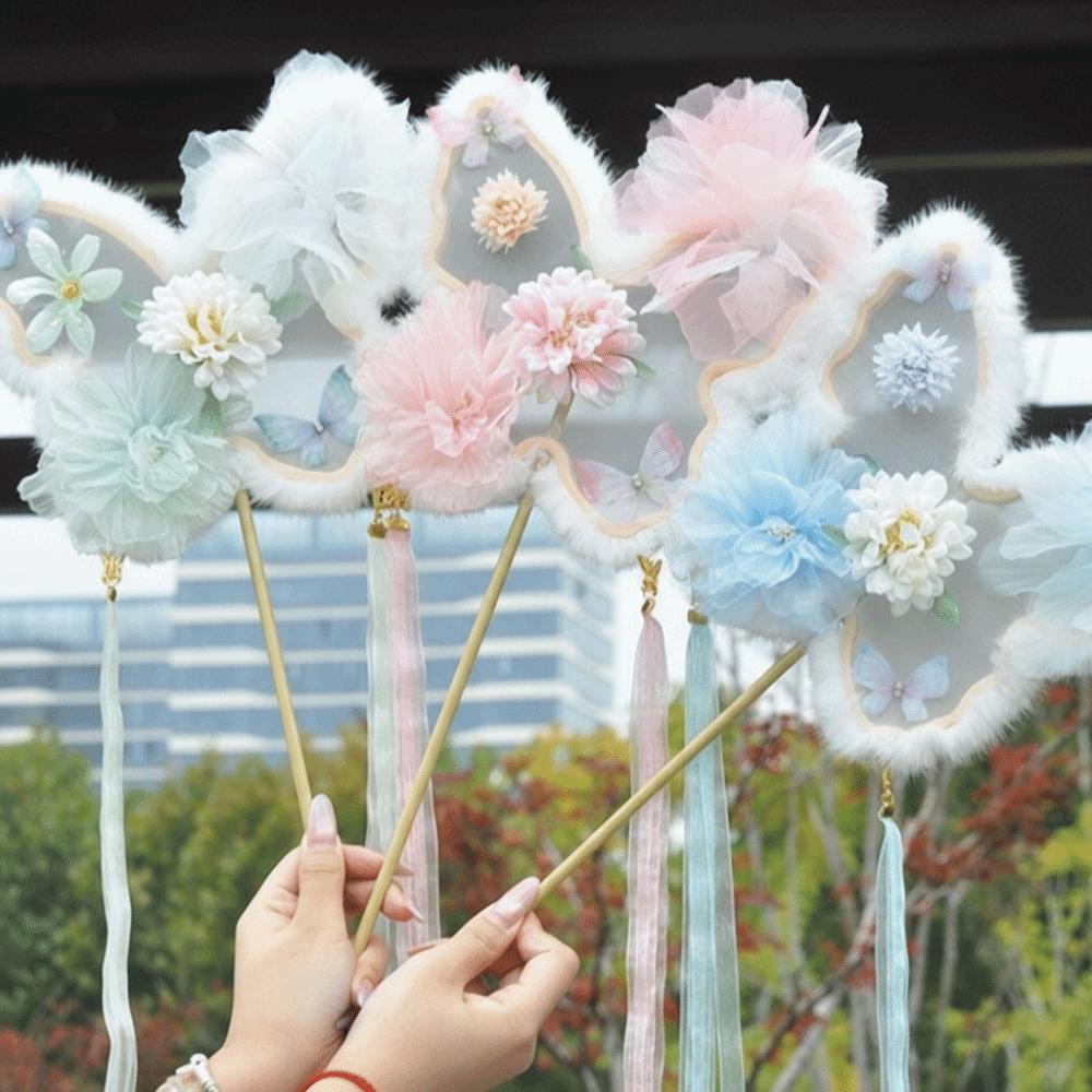 Fluffy Silk Flower Fan Chinese Style Fairy Fan Elegant Photo Props Dance Performance