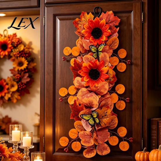 Lifelike Butterfly Leaf Wreath Artificial Fall Sunflower Wall Hanging, Maple Garland with Butterfly, Autumn Realistic Floral Harvest for Indoor