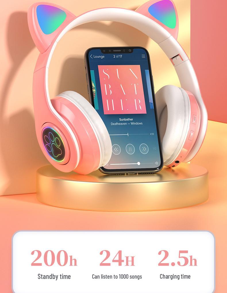 Светящаяся Bluetooth-гарнитура с ушками кошки B39: Складной, Слот для карт, Беспроводные наушники, Универсальная совместимость