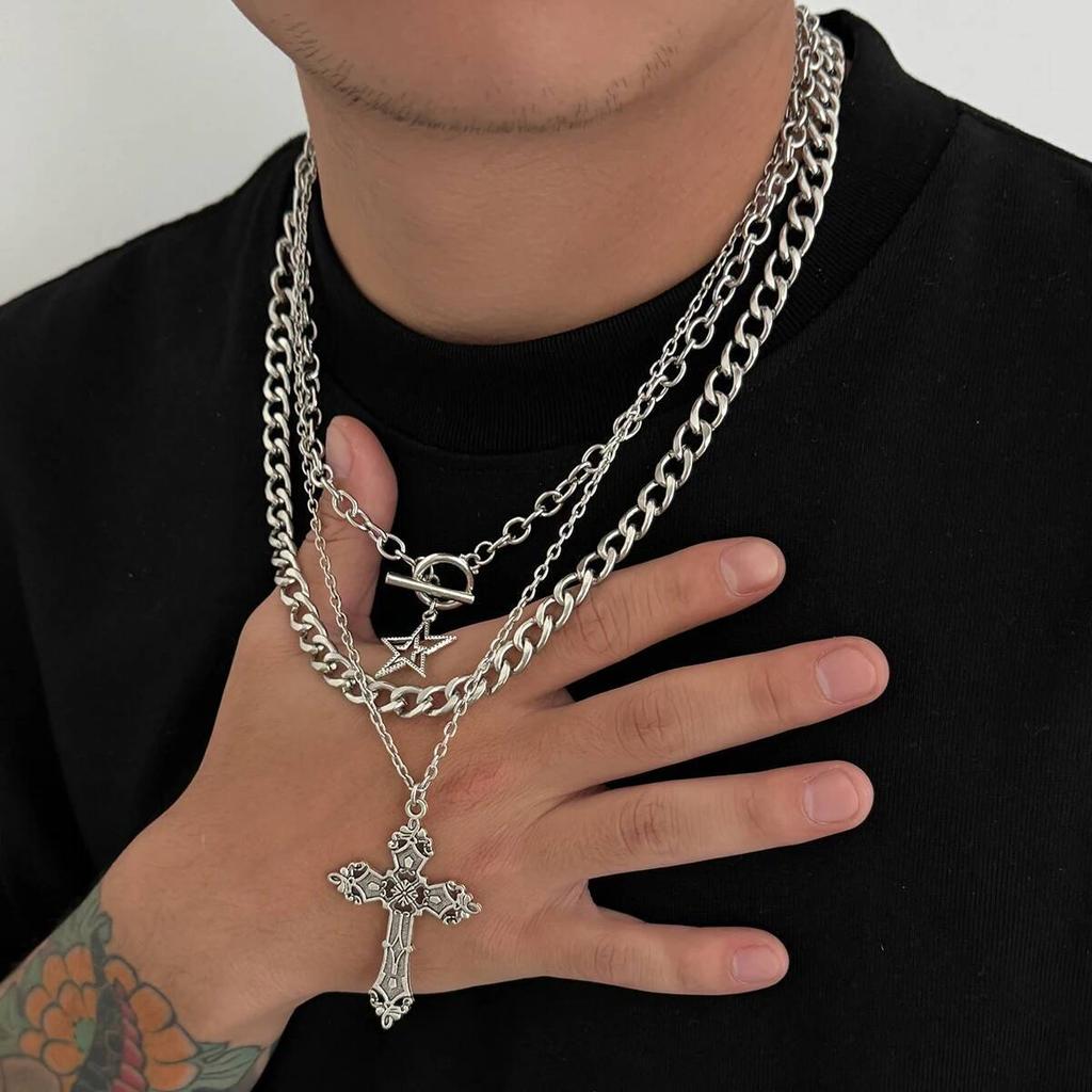 SHIXIN 3Pcs/Set Punk Style Star Jesus Cross Pendant Necklace for Men Hip Hop Stackable Multi Layer Thick Chain Choker Necklace