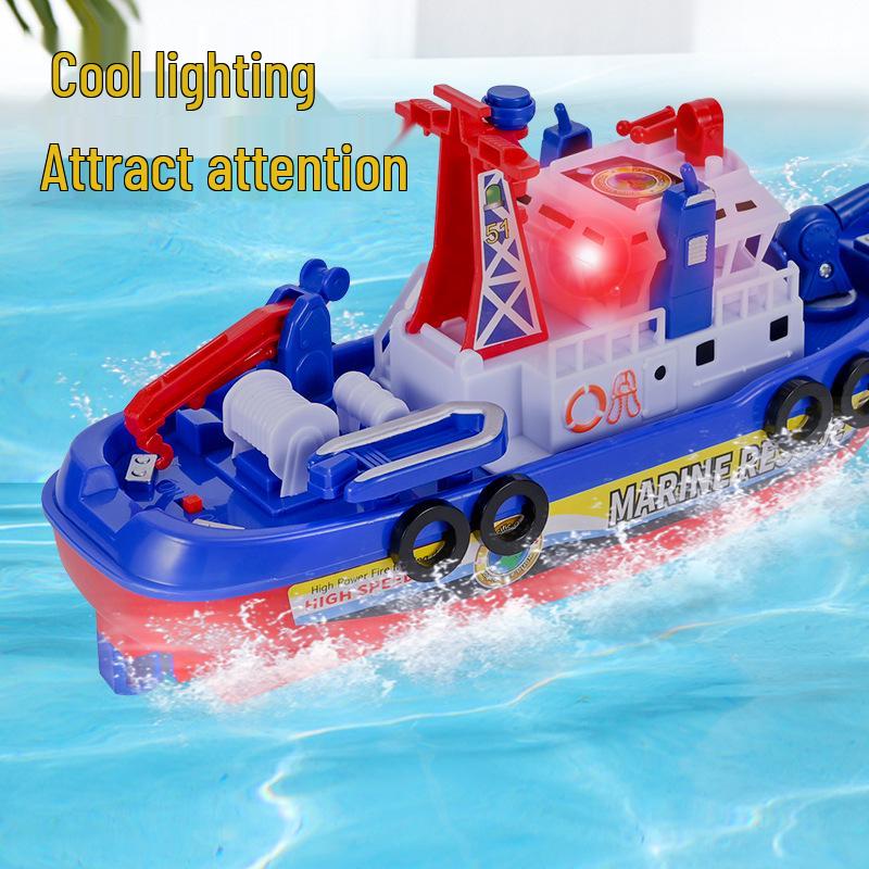 Electric Firefighting Ship Toy: Blue Model with Lights & Music for Kids' Bath Play