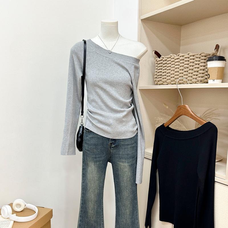 Осенний длинный рукав сексуальный косой воротник основа вязаный свитер для женщин зимняя мода облегающий крой свитера с открытыми плечами женские однотонные шикарные короткие джемперы 25502