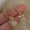 Exquisite Faux Pearl Bow Design Shiny Zircon Inlaid Dangle Earrings Elegant Simple Style Delicate Female Ear Ornaments