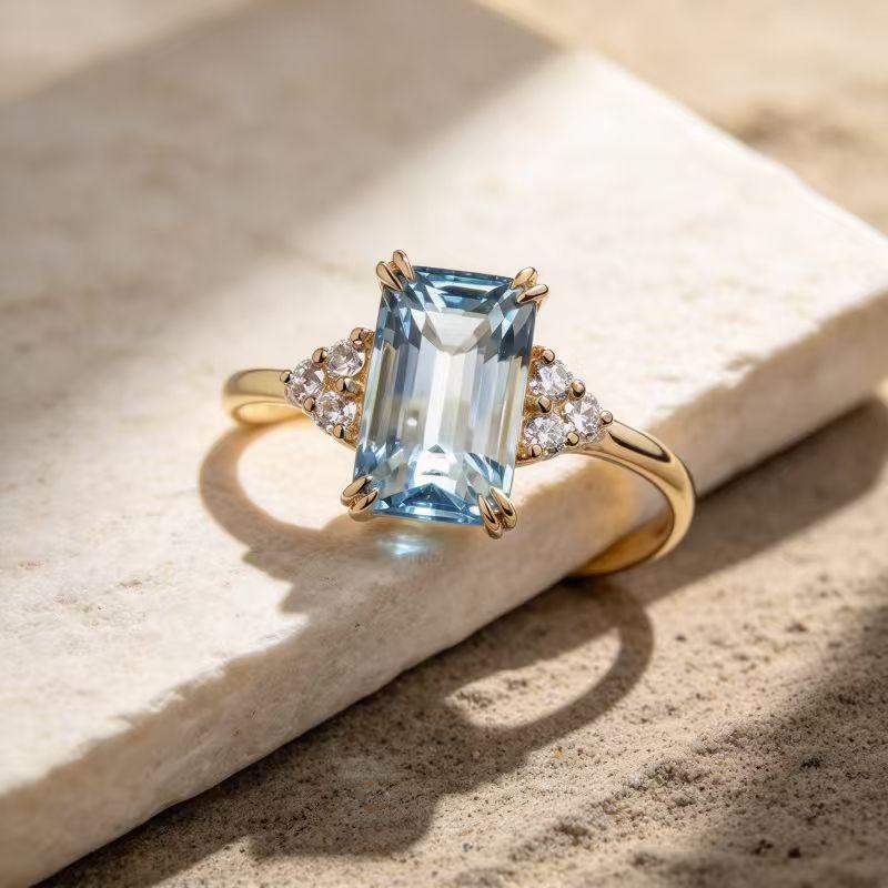 European And American New Fashionable Retro Square Blue Zircon Inlaid Women's Ring