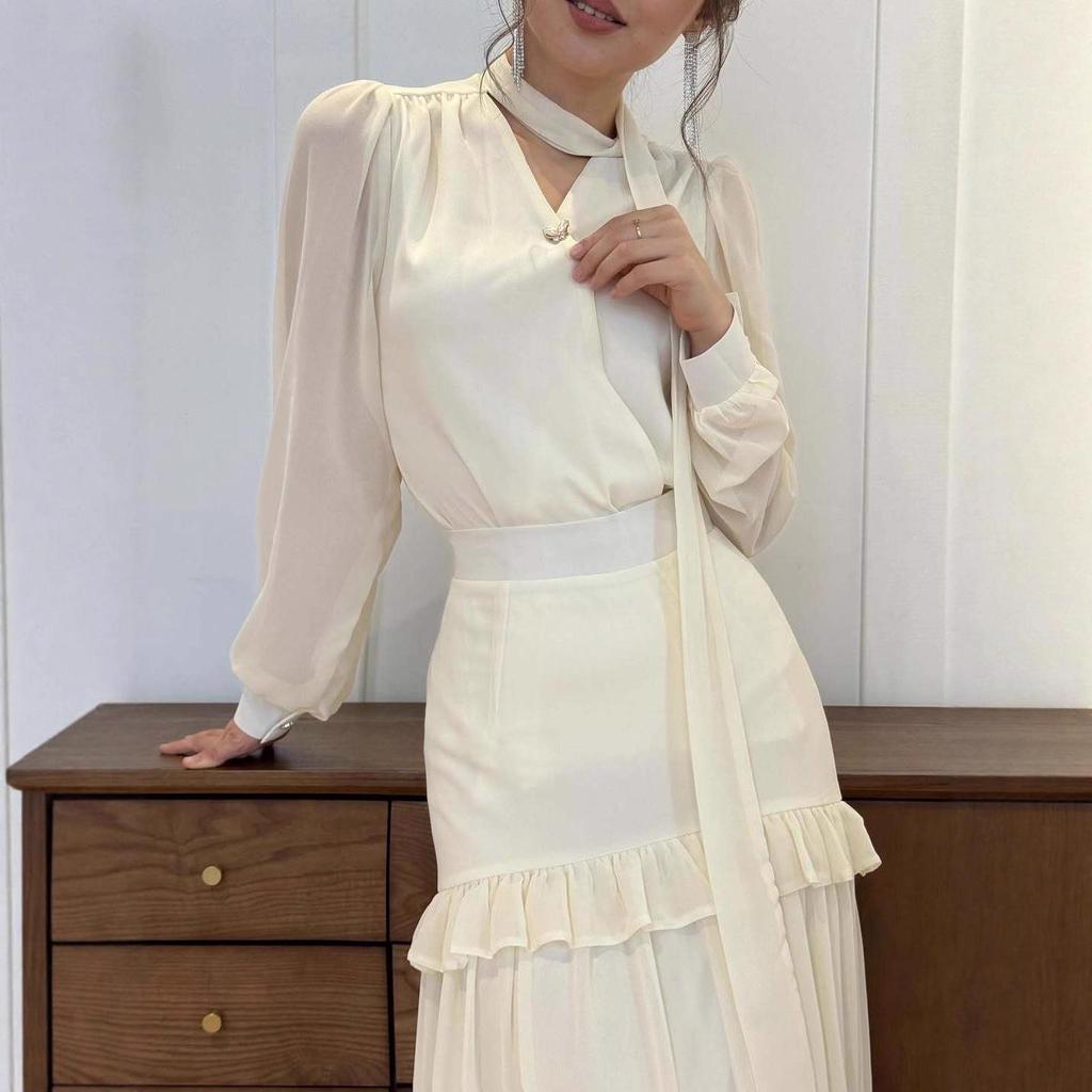 Женское ретро платье с V-образным вырезом, оборками, приталенное, Осень 2025