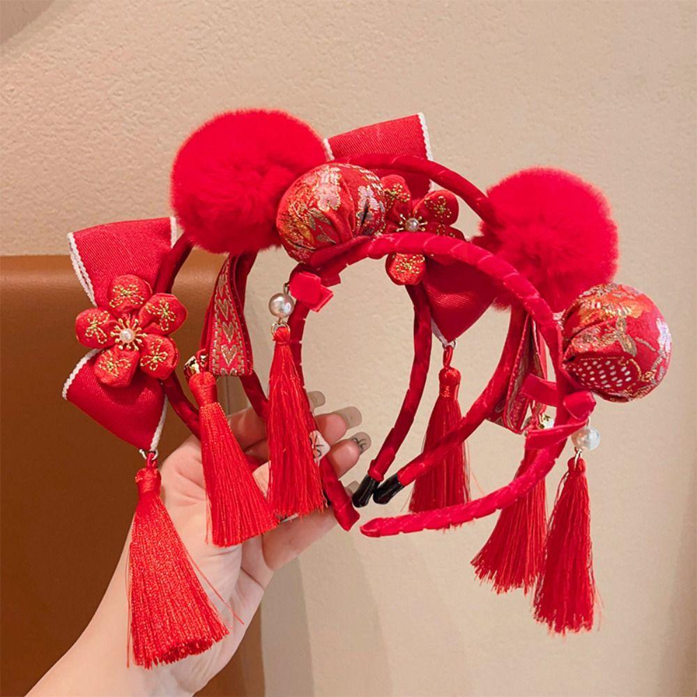 Tassel Chinese New Year Headwear Plush Ball Red Hairband Sweet Hanfu Hair Bun Hair Hoop Children