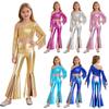 Girls Pageant Performance Costume One Shoulder Long Sleeve Tassels Shiny Sequins Crop Top Split Bell Bottom Pants