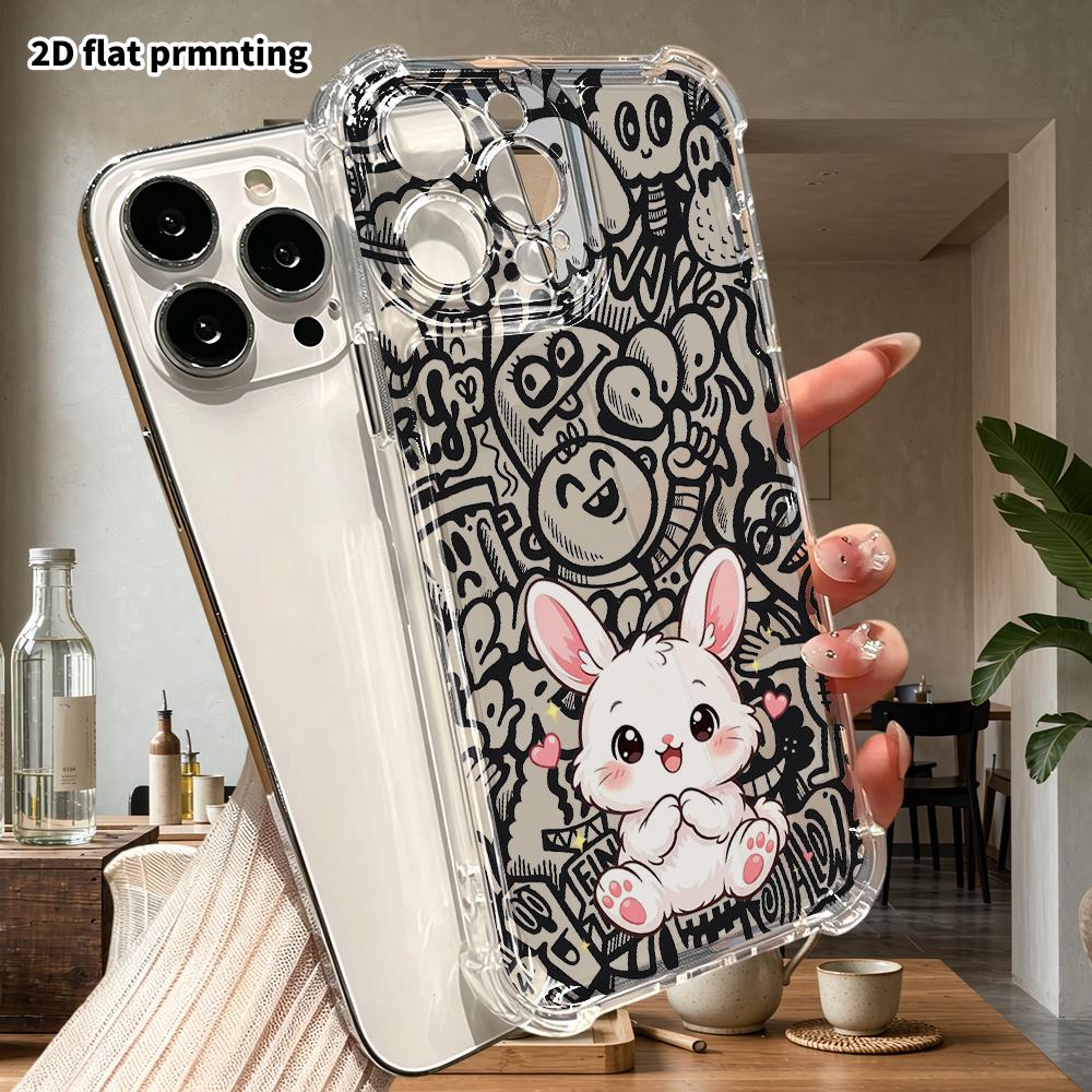 Чехол для телефона: 2D плоский, подходит для iPhone 18 17 16 15 14 13 Pro, прозрачный с защитой углов, милый белый кролик, Рождественский и Хэллоуинский подарок