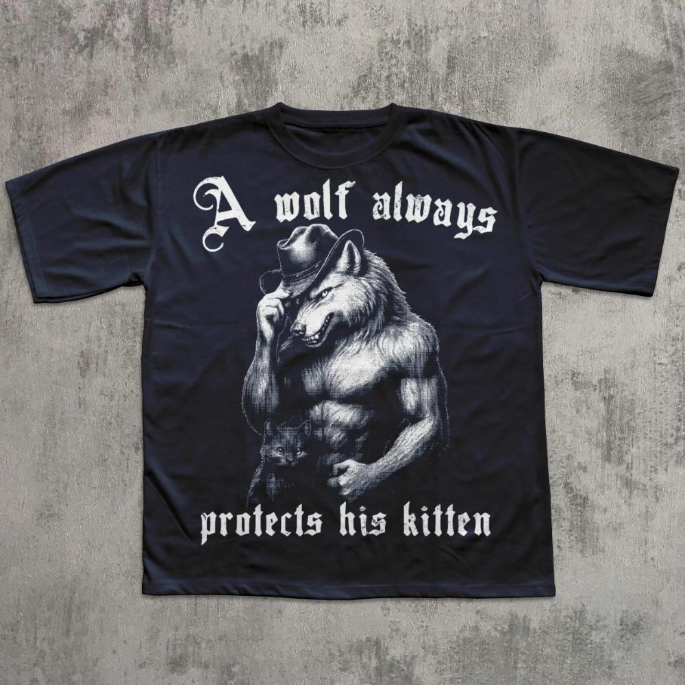 A Wolf Will Always Protect Its Kitten This Funny Emoji Tshirt Top Wolfthemed Tshirt Streetwear
