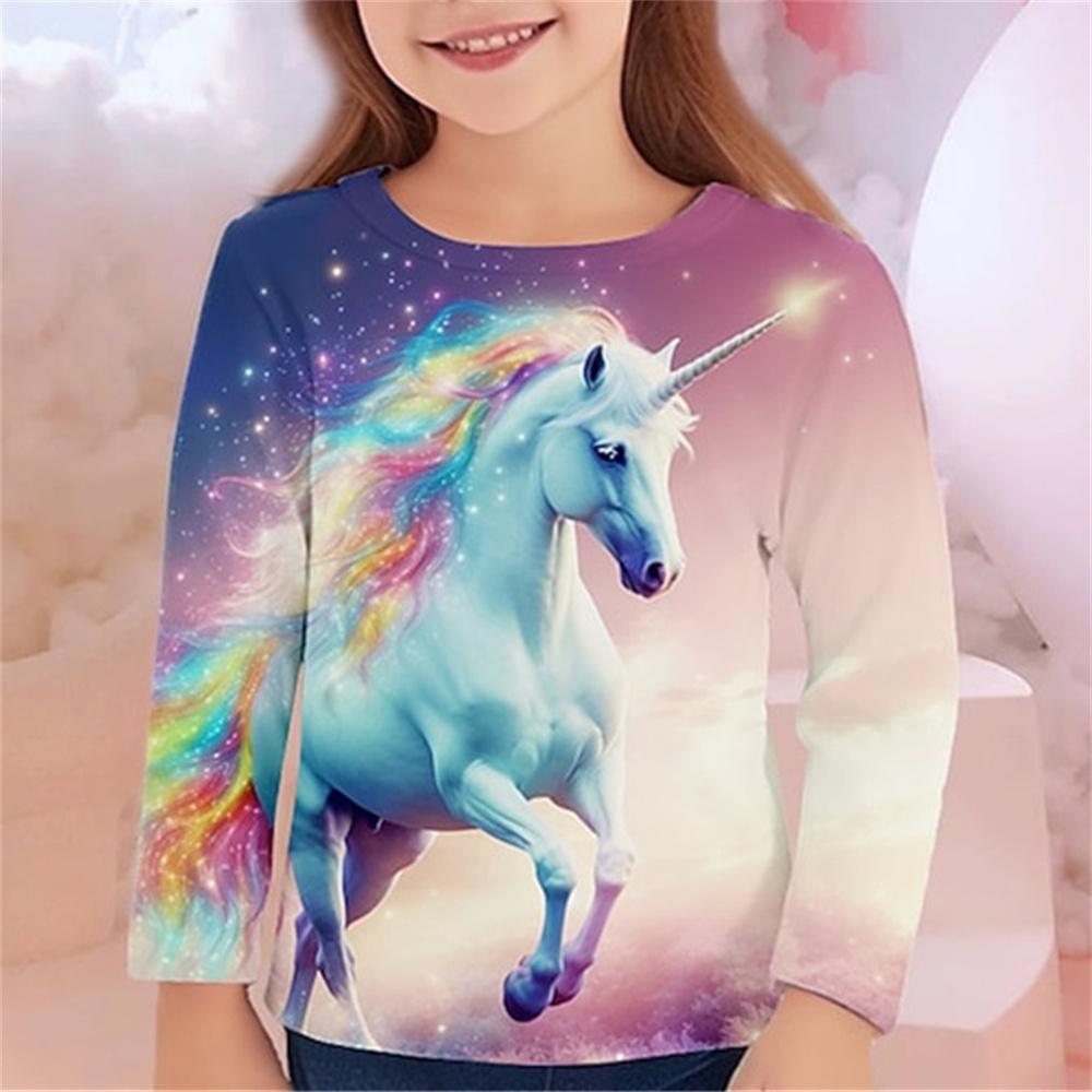 Одежда для девочек Футболки с рисунком лошади Детский топ с длинным рукавом 2024 года Летняя детская футболка для девочек Детская одежда Футболки для девочек