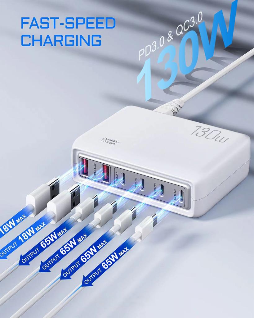 130W USB Charger Type C PD Fast Charging Multiple 6 Ports Desktop Charger Station Phone Charger For iPhone 14 15Pro Xiaomi