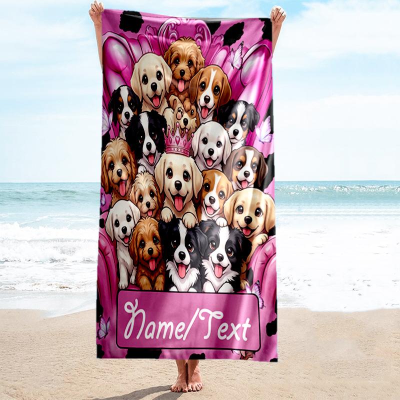 1PC Custom Name Puppy Party Pink Beach Towel Highly Absorbent And Sand-Resistant Towel for Swimming, Pool, Yoga, And Travel Lightweight