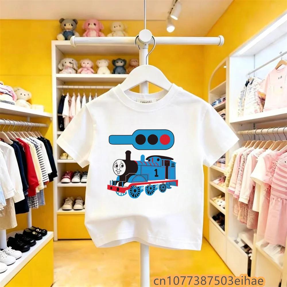Summer Outdoor Tshirt Toddler Kids Thomas Train Cartoon Print Pure Cotton Short Sleeve Y2K Cute Fun Trendy Apparel
