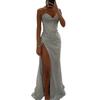 Women Evening Dress Spaghetti Strap Shiny Sequin Sleeveless Off Shoulder Low-cut High Split Loose High Waist Floor Length Lady Prom Dress