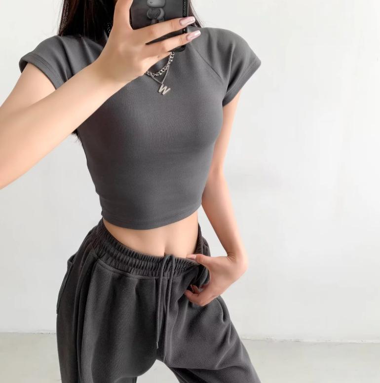 Summer new women's American Spice Girls style solid color high waist short-sleeved T-shirt crew neck shoulder top short bottoming shirt