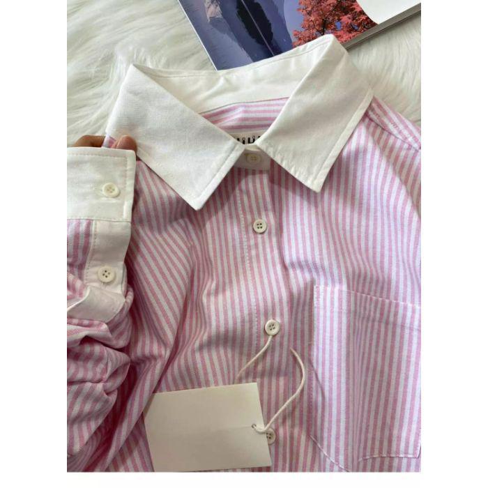 Salt-Toned Color Block Striped Long Sleeve Shirt for Women – Korean Style, Slimming, Versatile, Loose Fit for Autumn and Summer.