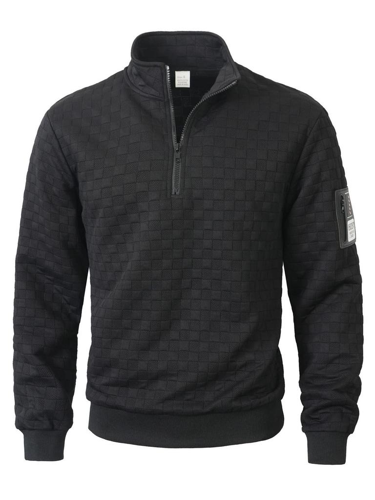 Европейский и американский мужской стеганый вязаный пуловер: Повседневная худи на молнии с воротником-стойкой, вафельной клеткой и жаккардовым узором