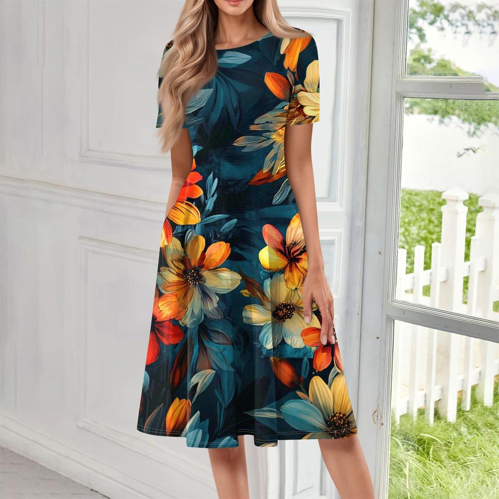 Женское свободное повседневное и модное платье с круглым вырезом и короткими рукавами, средней длины с принтом