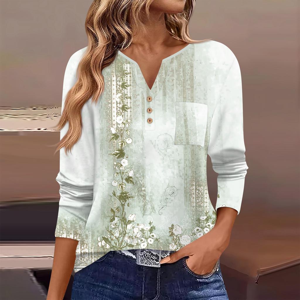 Женская футболка с длинным рукавом на пуговицах, повседневная, выходного дня, модная, базовая, с V-образным вырезом, обычная, с карманом