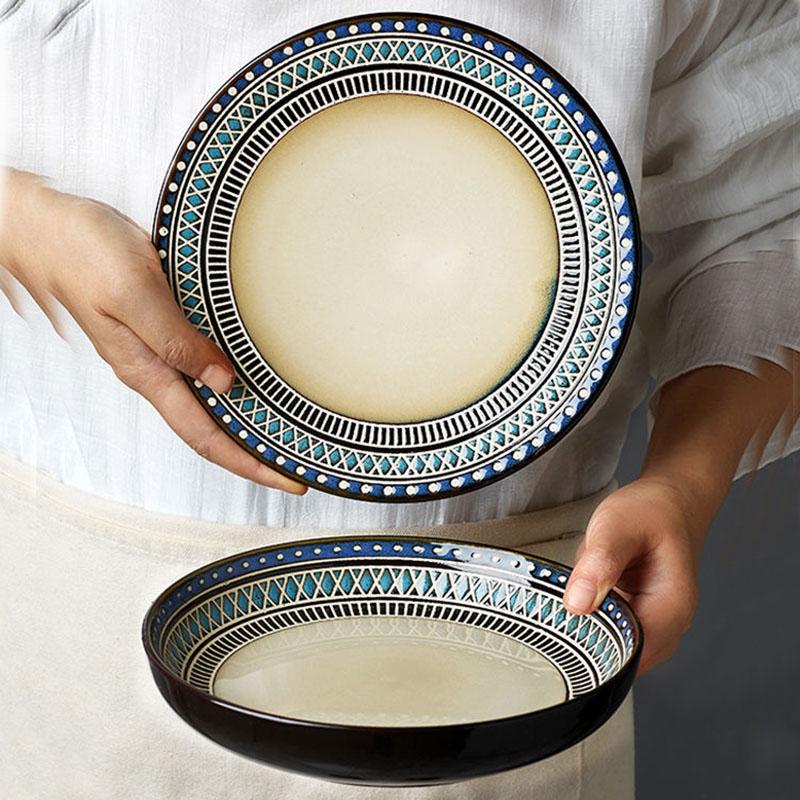 Простая керамическая тарелка в скандинавском стиле с резьбой и косточками, домашнее блюдо, тарелка для стейка, темно-зеленая тарелка для салата, диск