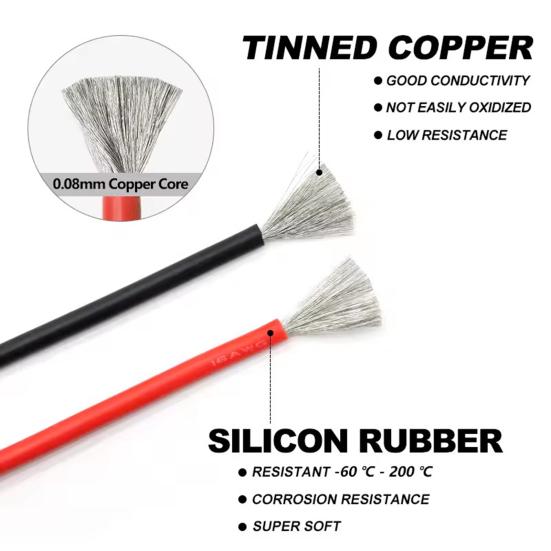 22 Gauge 22 AWG Stranded Electric Wire 1.7mm Diameter Flexible Silicone Insulated Tinned Copper 60 Strands Electrical Hookup Wire