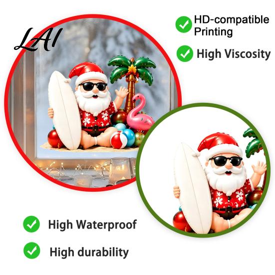 Beach Style Static Stickers Tropical Christmas Window Stickers Santa Claus Flamingo Palm Tree Surfing Board Party Supplies Decals Waterproof