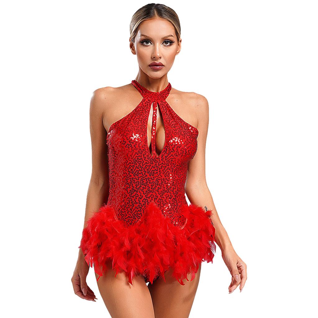Womens Stage Performance Dancewear Halter Sleeveless Backless Shiny Sequins Feather Dance Leotard