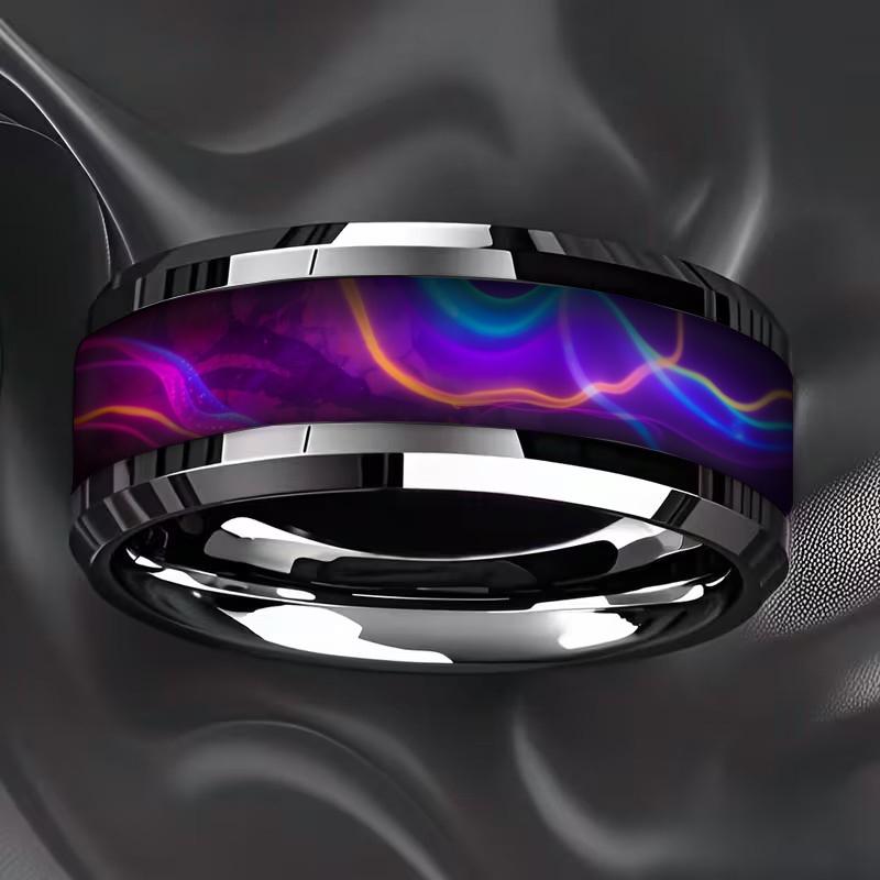 Fashion Men Stainless Steel Rings, 8mm Cyberpunk Rainbow Aurora Grain Inlay Rings for Men High Polished Wedding Bands Jewelry