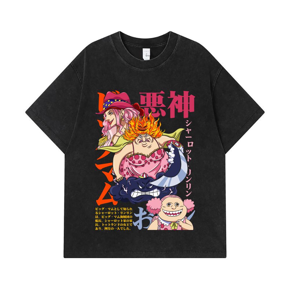 Стиранные футболки 275 г/м² 100% Хлопок One Piece V37 Принт Большой Мамочки Унисекс Тяжелая Хлопковая Футболка