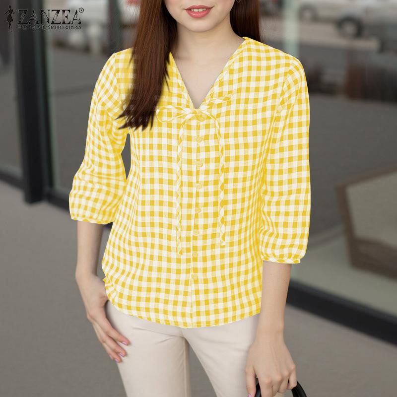 ZANZEA Женская повседневная блузка с V-образным вырезом и рукавом 3/4, свободная клетчатая блузка
