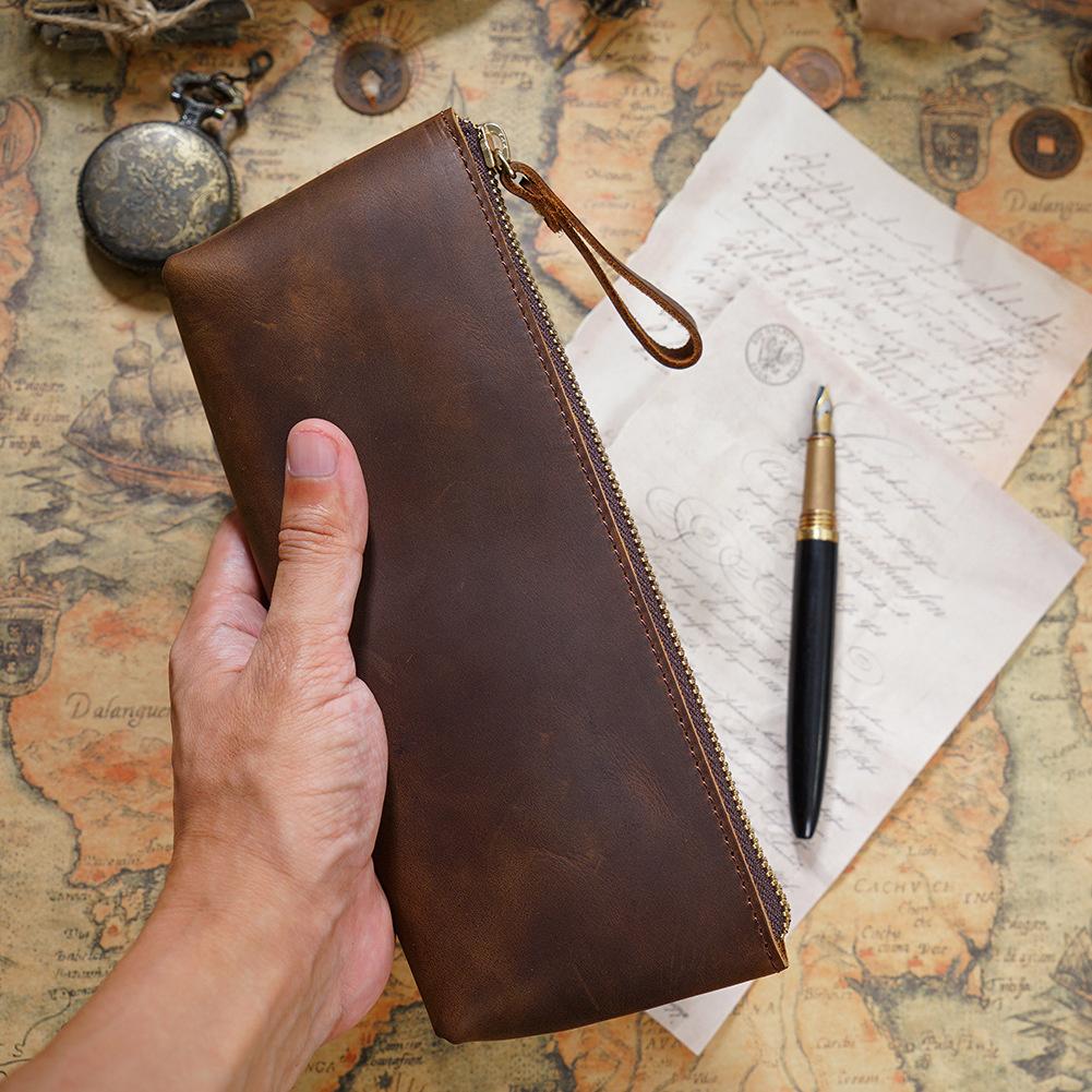 AIGUONIU Genuine Leather Large Capacity Pencil Bag Office School Stationery Pen Pencil Storage Pouch Holder Fountain Pen Case