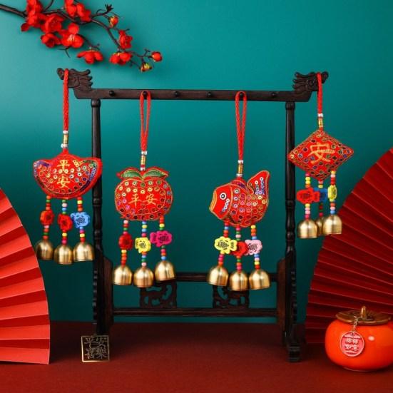 Spring Festival Wind Chimes Sachet Car Pendant Vibrant Color Embroidery Pattern Metal Bell Wind Chimes Hanging Decor