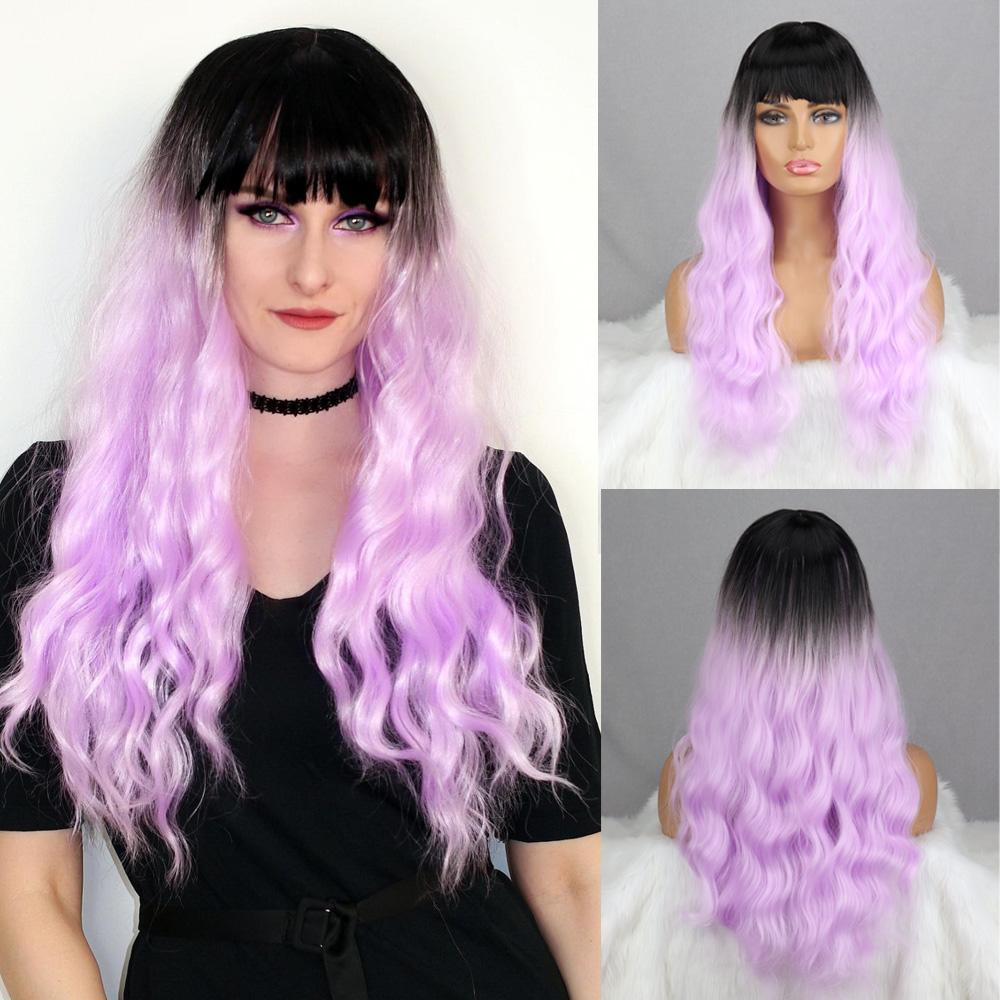 MISS WIG Grey Wig Long Wavy Wig with Bangs Synthetic Fiber Long Water Wave Wig for Women Daily Wear