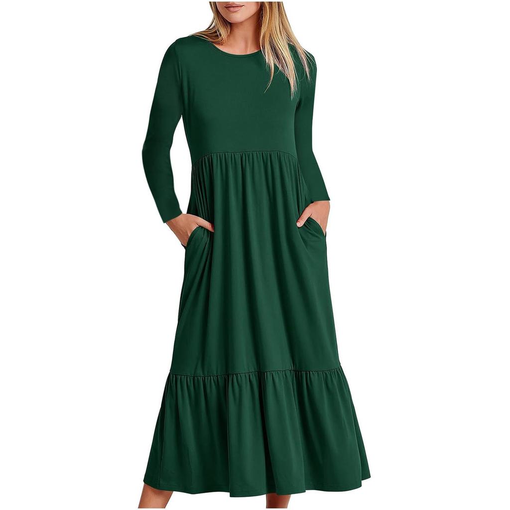 Women's Casual Dress Swing Sundress Flowy Tiered Loose Long Sleeve Maxi Dress With Pockets