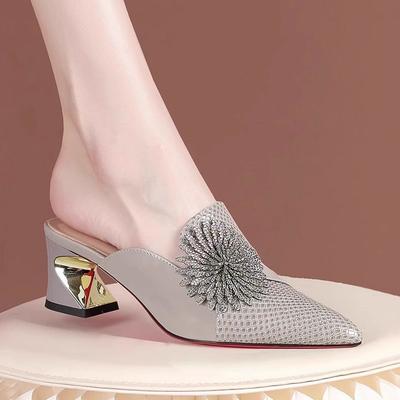 Стразы подсолнух толстый каблук голова сумки крутые тапочки женские летние носить средний каблук 2025 новая мода универсальные полутапочки