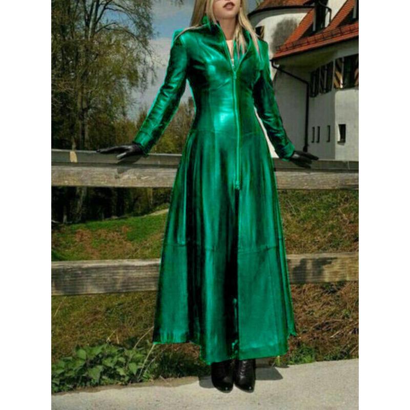 Очень длинное пальто из ПУ-кожи с небольшим воротником-стойкой