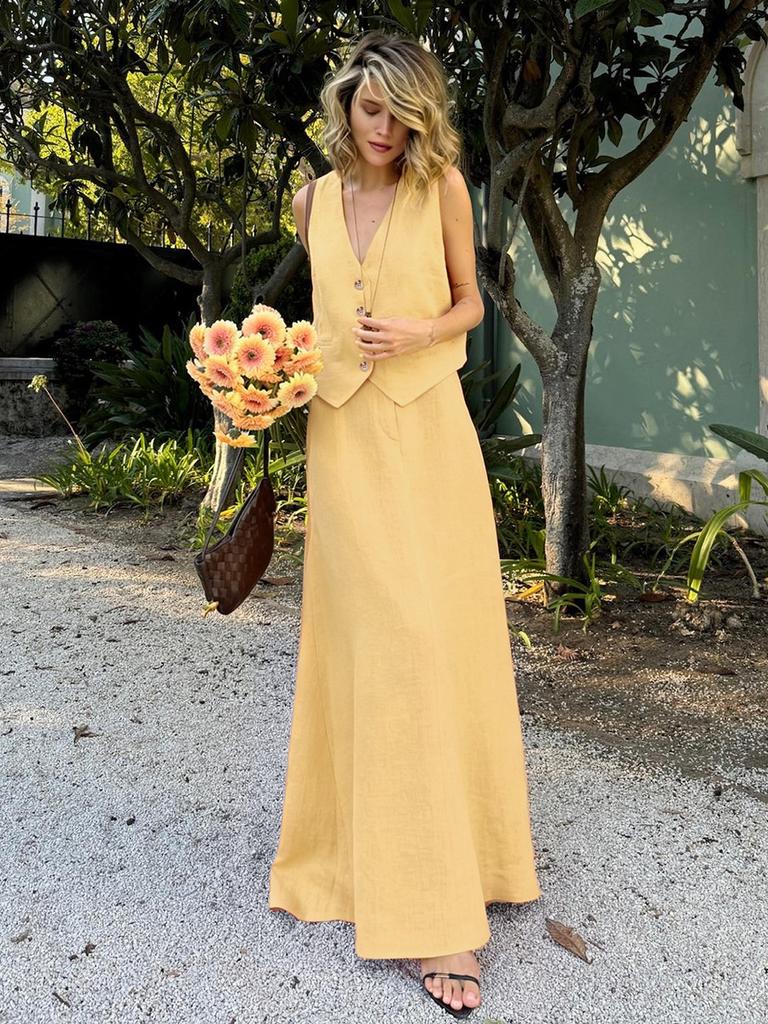 Women's Linen Vest and Skirt Set 2026 Summer Sleeveless Top Flowy Midi Skirt Casual 2 Piece Outfit