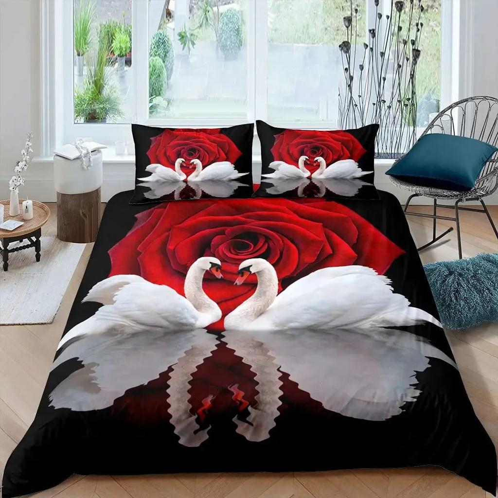Valentine'S Day Rose Duvet Cover Set Romantic Couple Theme Bedding Set 3D Rose Comforter Cover Set Love Bedspread Twin King Size