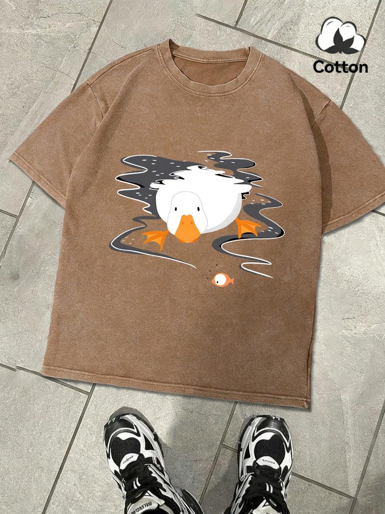 A Goose Free In The Water Design Snow Wash Men Tee Summer Retro T Shirt Soft Fashion Washed Clothing Unisex Cotton ONeck Tops