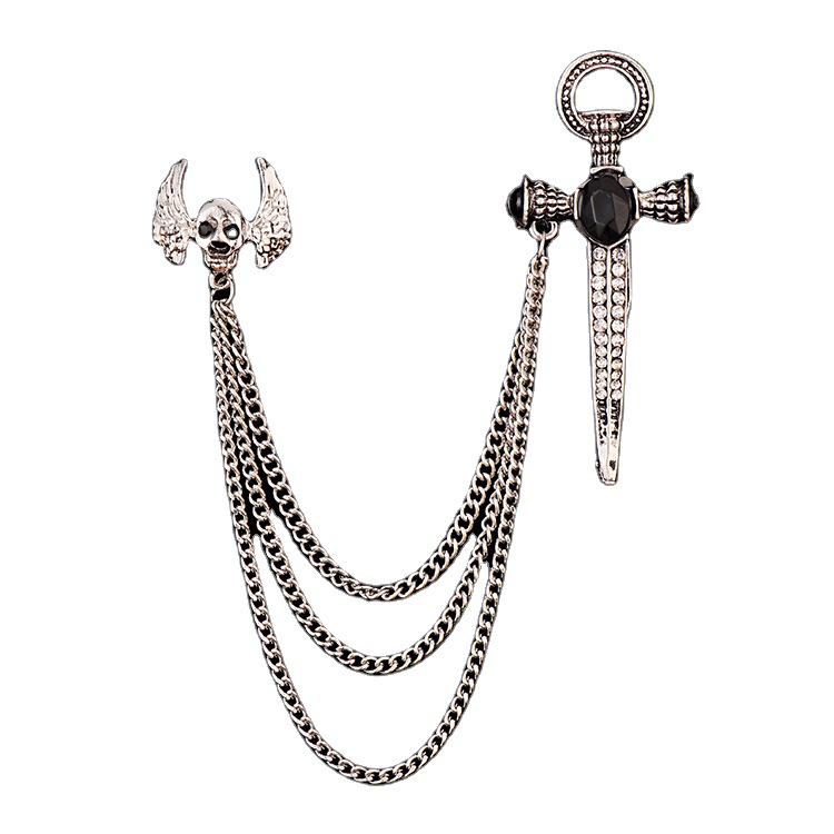 Black Gem Chain Fashion Brooch with Tassel for Men's Suit